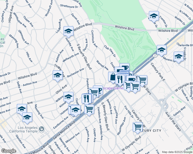 map of restaurants, bars, coffee shops, grocery stores, and more near 1520 South Beverly Glen Boulevard in Los Angeles