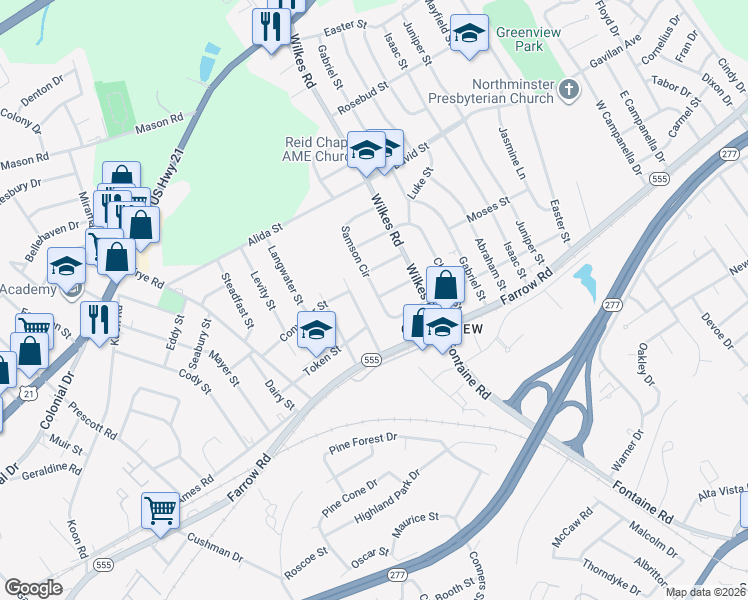 map of restaurants, bars, coffee shops, grocery stores, and more near 41 Samson Circle in Columbia