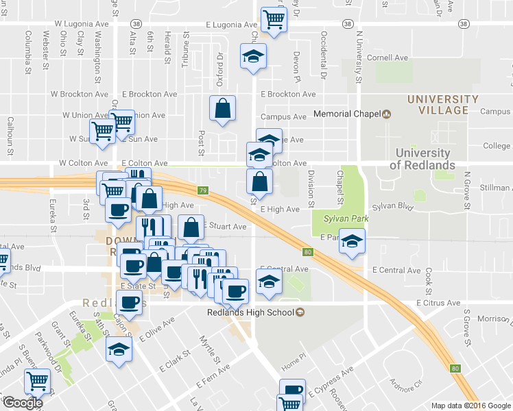 map of restaurants, bars, coffee shops, grocery stores, and more near 602 Church Street in Redlands