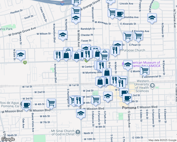 map of restaurants, bars, coffee shops, grocery stores, and more near 525 West Monterey Avenue in Pomona