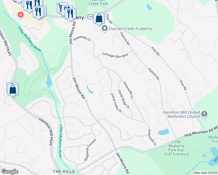 map of restaurants, bars, coffee shops, grocery stores, and more near 2491 Floral Valley Drive in Dacula
