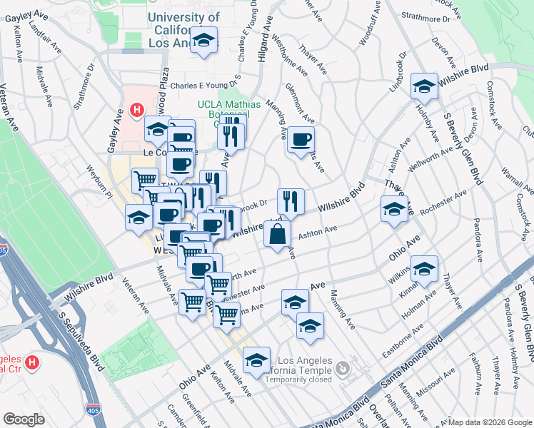 map of restaurants, bars, coffee shops, grocery stores, and more near 10777 Wilshire Boulevard in Los Angeles