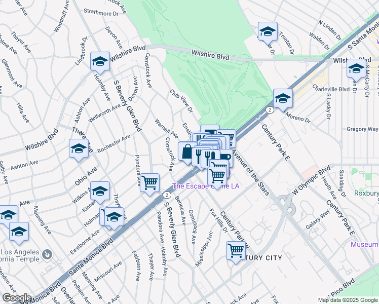 map of restaurants, bars, coffee shops, grocery stores, and more near 1724 Warnall Avenue in Los Angeles
