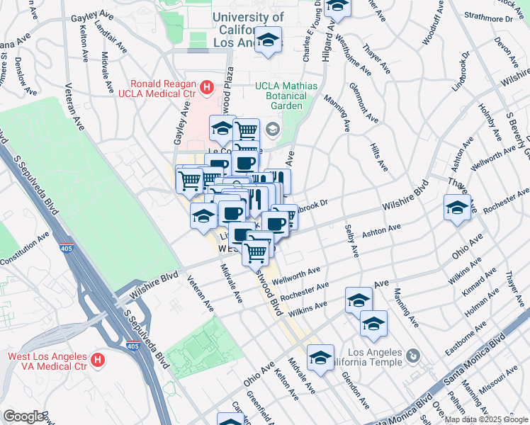 map of restaurants, bars, coffee shops, grocery stores, and more near 1052 Tiverton Avenue in Los Angeles