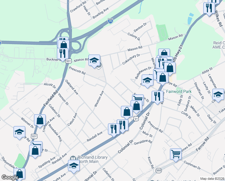 map of restaurants, bars, coffee shops, grocery stores, and more near 927 Prescott Road in Columbia
