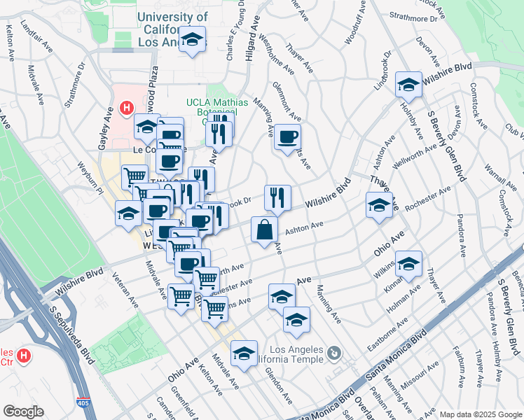 map of restaurants, bars, coffee shops, grocery stores, and more near 10763 Wilshire Boulevard in Los Angeles