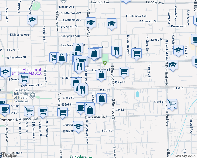 map of restaurants, bars, coffee shops, grocery stores, and more near 786 East Monterey Avenue in Pomona