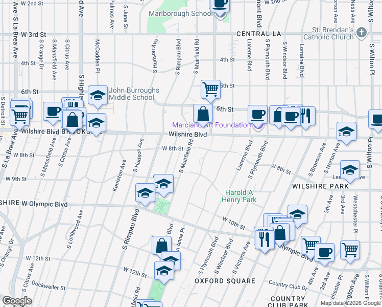 map of restaurants, bars, coffee shops, grocery stores, and more near 806 South Muirfield Road in Los Angeles