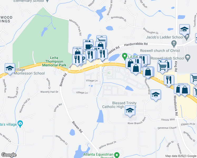 map of restaurants, bars, coffee shops, grocery stores, and more near 7205 Lowery Oak Drive in Roswell