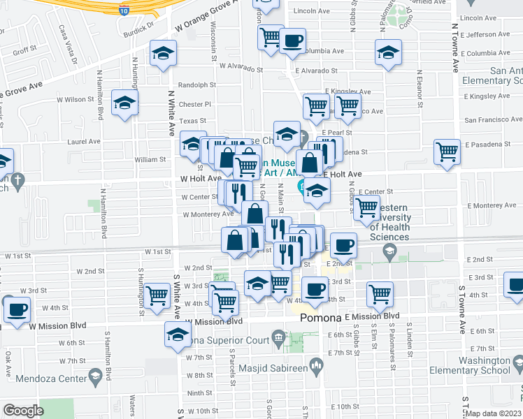 map of restaurants, bars, coffee shops, grocery stores, and more near 311 North Gordon Street in Pomona