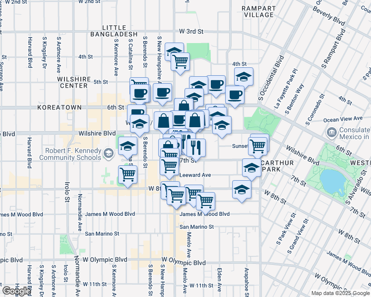 map of restaurants, bars, coffee shops, grocery stores, and more near 682 Shatto Place in Los Angeles