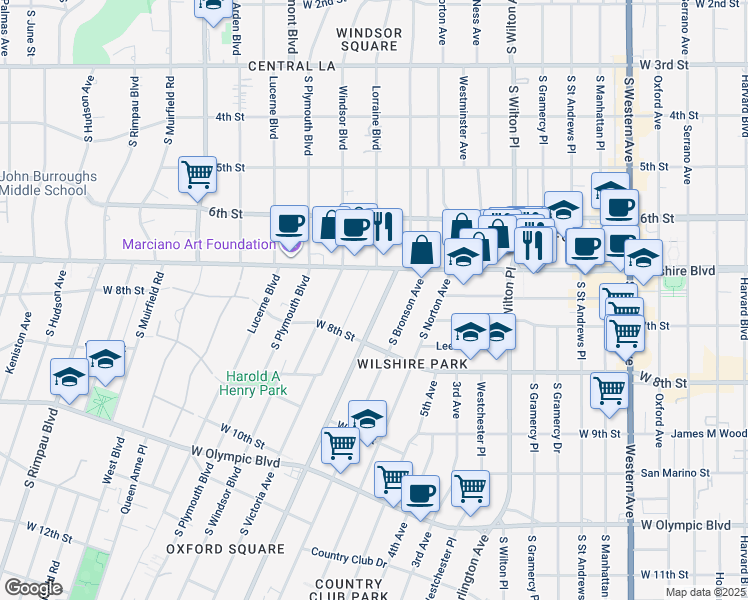 map of restaurants, bars, coffee shops, grocery stores, and more near 709 Crenshaw Boulevard in Los Angeles