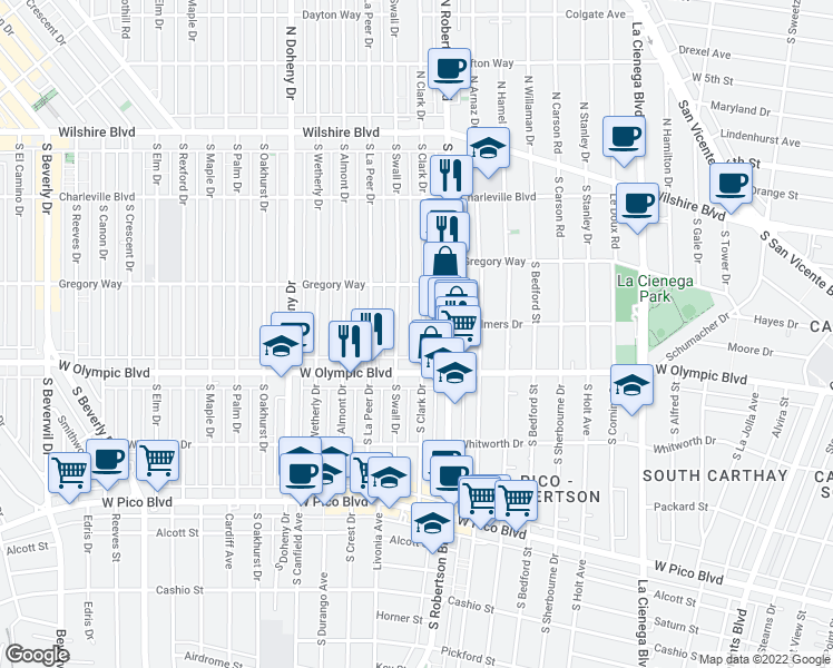 map of restaurants, bars, coffee shops, grocery stores, and more near 341 South Clark Drive in Beverly Hills