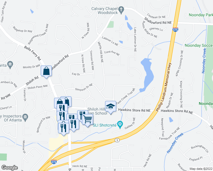 map of restaurants, bars, coffee shops, grocery stores, and more near 4450 Myrtle Hill Road Northeast in Kennesaw