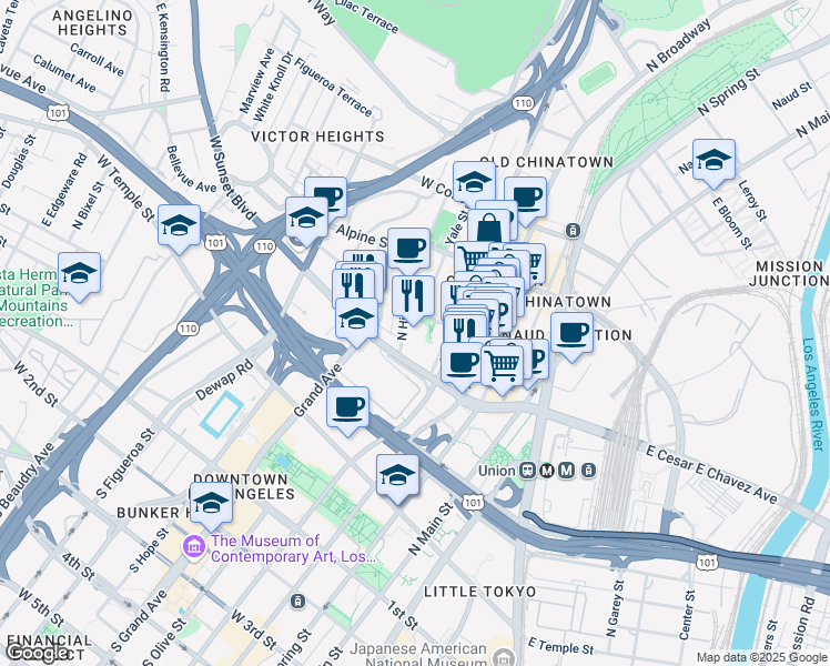 map of restaurants, bars, coffee shops, grocery stores, and more near 636 North Hill Place in Los Angeles