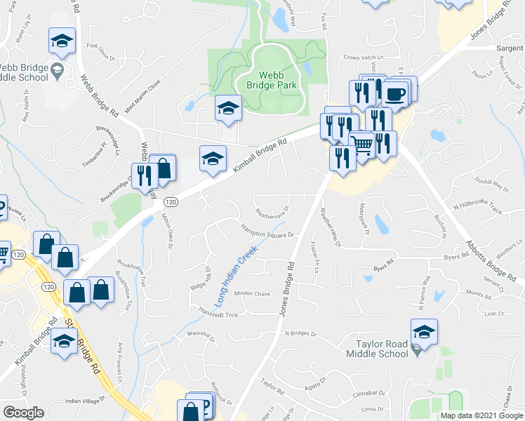 map of restaurants, bars, coffee shops, grocery stores, and more near 4725 Weathervane Drive in Alpharetta