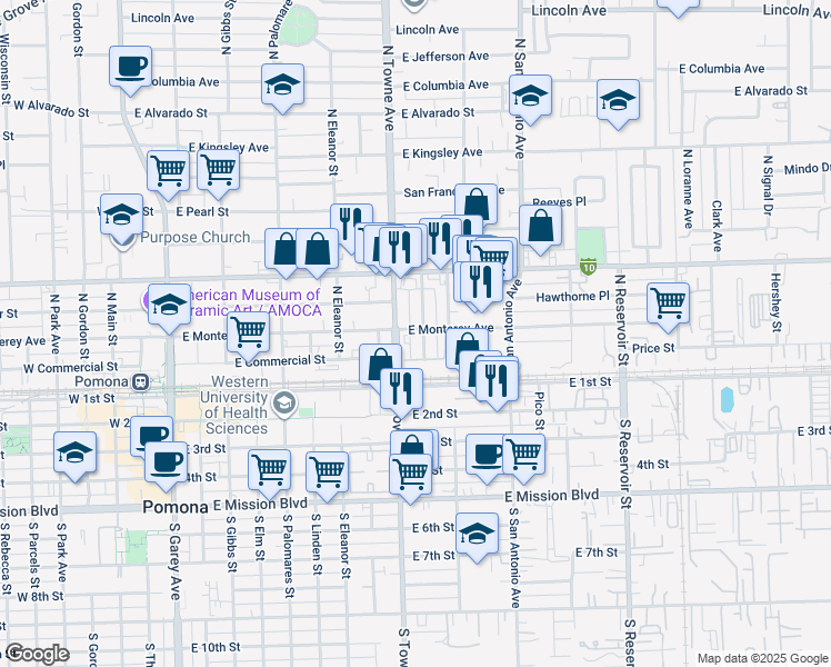 map of restaurants, bars, coffee shops, grocery stores, and more near 275 Palm Place in Pomona