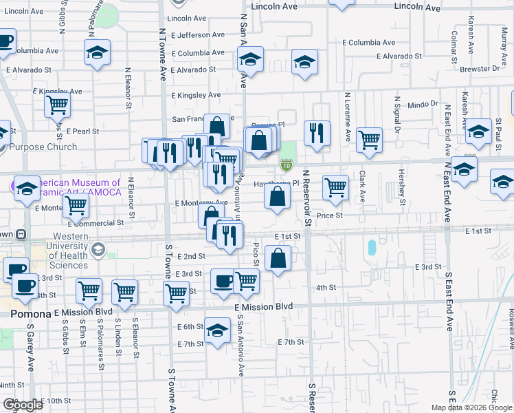 map of restaurants, bars, coffee shops, grocery stores, and more near 748 East Monterey Avenue in Pomona