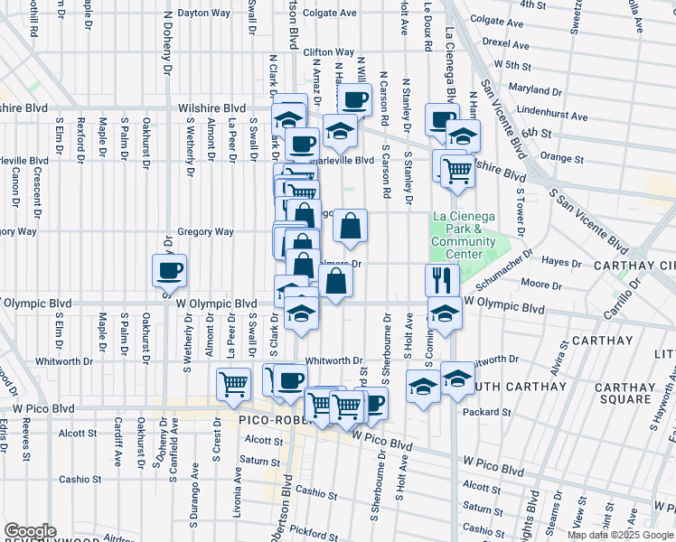 map of restaurants, bars, coffee shops, grocery stores, and more near 913 South Shenandoah Street in Los Angeles