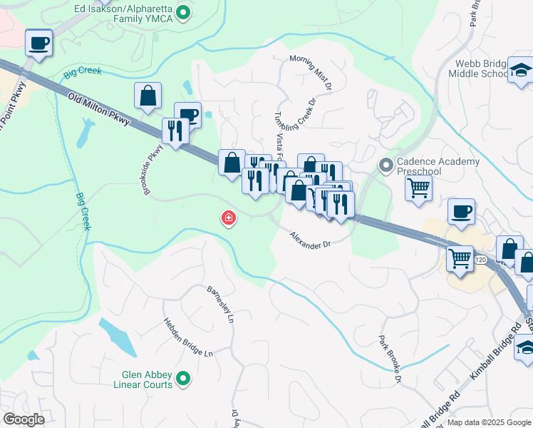 map of restaurants, bars, coffee shops, grocery stores, and more near 3655 Brookside Parkway in Alpharetta