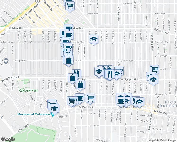 map of restaurants, bars, coffee shops, grocery stores, and more near 343 South Elm Drive in Beverly Hills