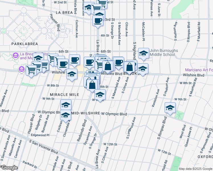 map of restaurants, bars, coffee shops, grocery stores, and more near 757 South Orange Drive in Los Angeles