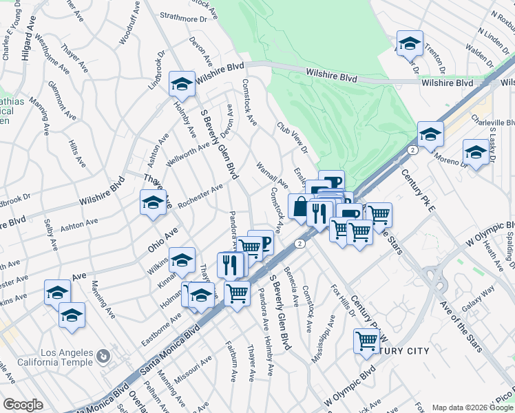 map of restaurants, bars, coffee shops, grocery stores, and more near 1520 South Beverly Glen Boulevard in Los Angeles