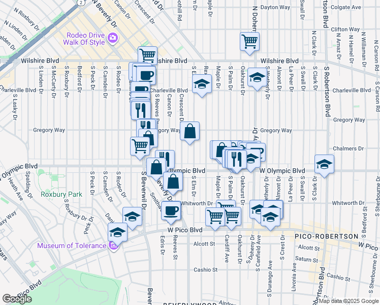 map of restaurants, bars, coffee shops, grocery stores, and more near 343 South Elm Drive in Beverly Hills