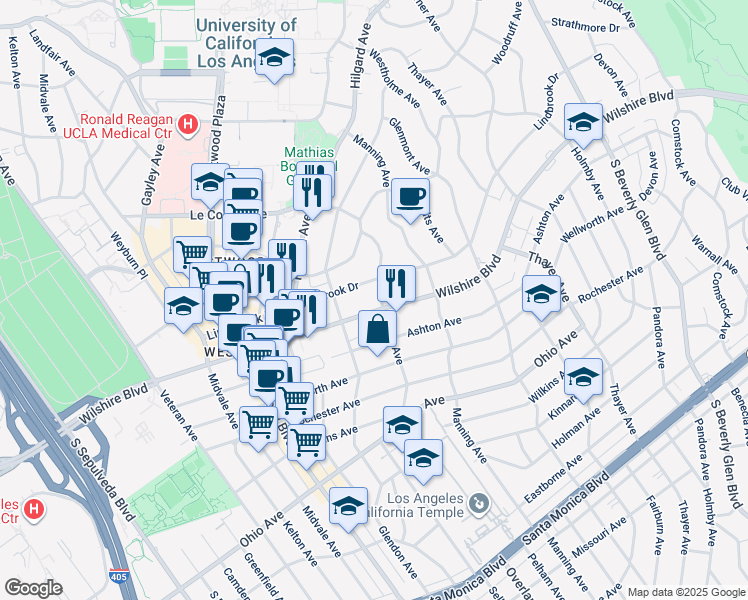map of restaurants, bars, coffee shops, grocery stores, and more near 10751 Wilshire Boulevard in Los Angeles