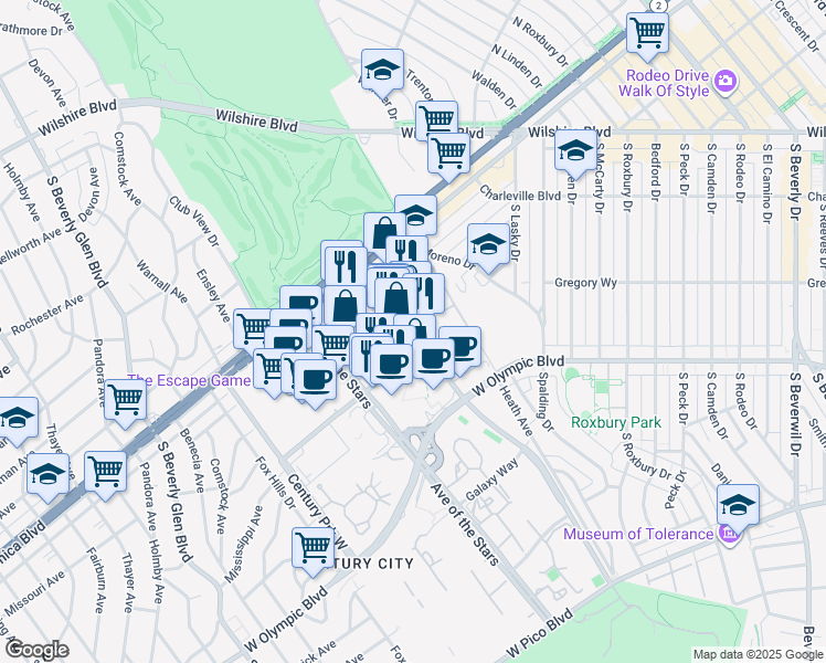 map of restaurants, bars, coffee shops, grocery stores, and more near 1925 Century Park East in Los Angeles
