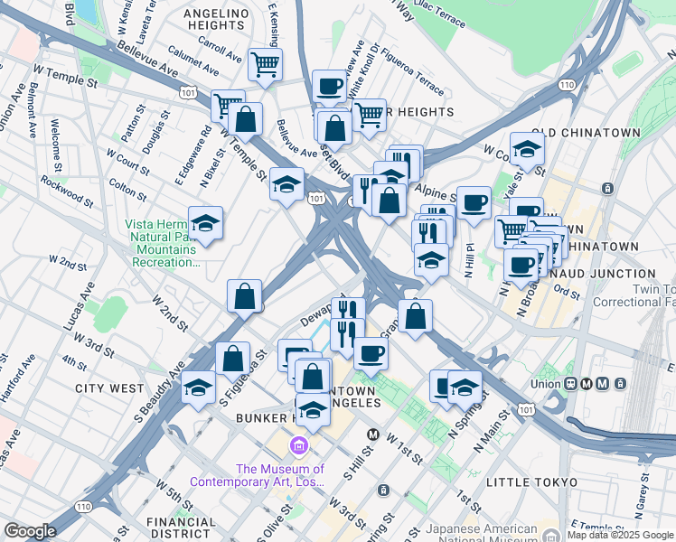 map of restaurants, bars, coffee shops, grocery stores, and more near 427 North Figueroa Street in Los Angeles