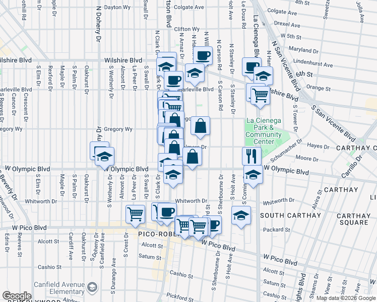map of restaurants, bars, coffee shops, grocery stores, and more near 913 South Shenandoah Street in Los Angeles