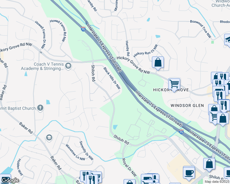 map of restaurants, bars, coffee shops, grocery stores, and more near 4419 Black Hills Drive Northwest in Acworth
