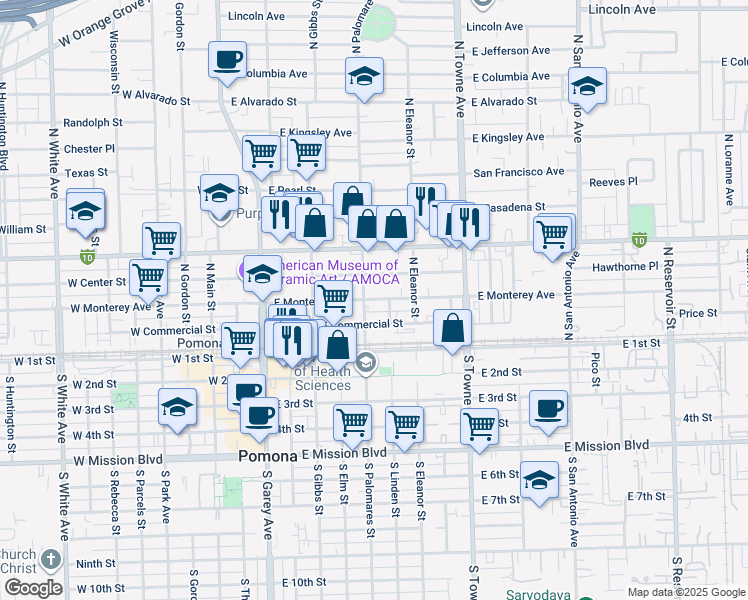 map of restaurants, bars, coffee shops, grocery stores, and more near 318 East Monterey Avenue in Pomona