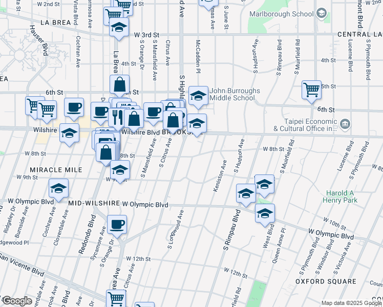 map of restaurants, bars, coffee shops, grocery stores, and more near 5015 West 8th Street in Los Angeles
