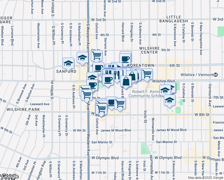 map of restaurants, bars, coffee shops, grocery stores, and more near 687 South Hobart Boulevard in Los Angeles
