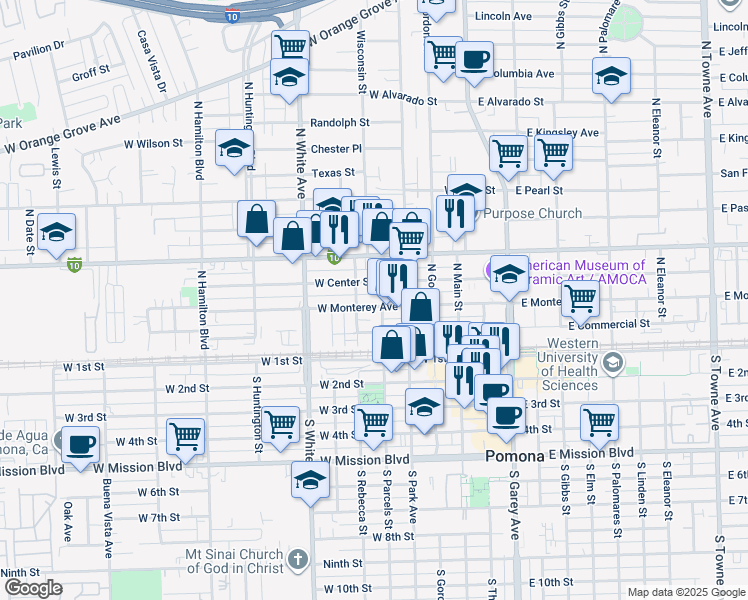 map of restaurants, bars, coffee shops, grocery stores, and more near 463 West Monterey Avenue in Pomona