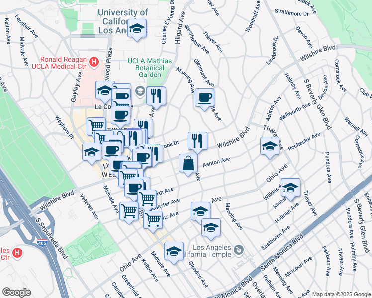 map of restaurants, bars, coffee shops, grocery stores, and more near 10751 Wilshire Boulevard in Los Angeles