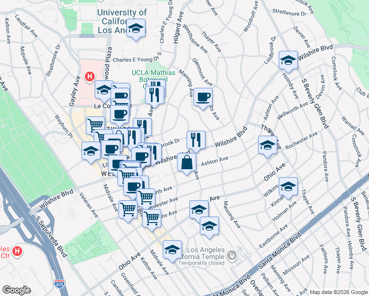map of restaurants, bars, coffee shops, grocery stores, and more near 10751 Wilshire Boulevard in Los Angeles