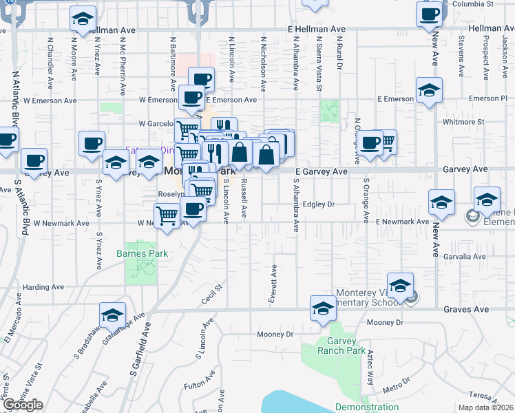 map of restaurants, bars, coffee shops, grocery stores, and more near 219 South Nicholson Avenue in Monterey Park