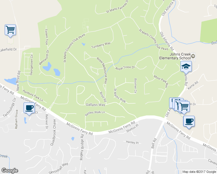 map of restaurants, bars, coffee shops, grocery stores, and more near 7880 Royal Melbourne Way in Duluth