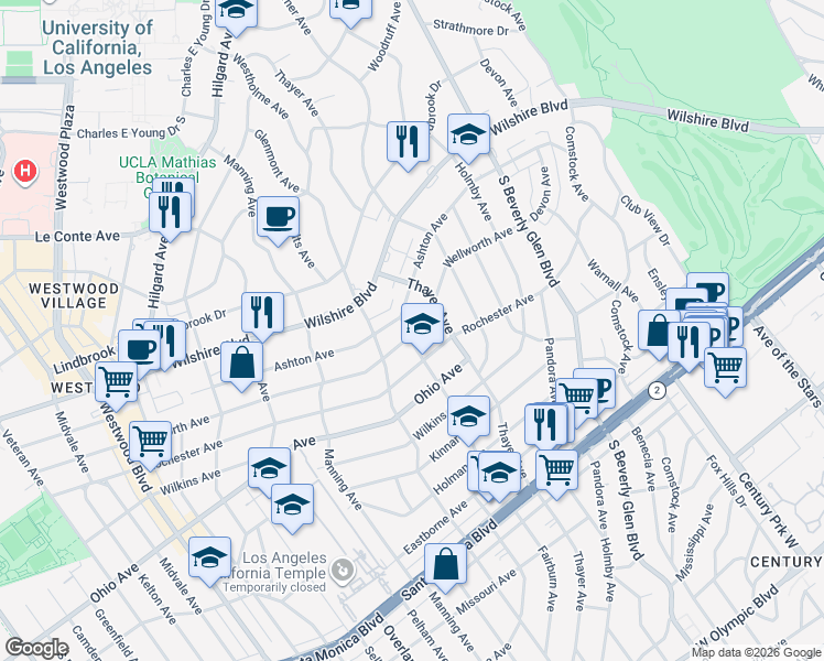 map of restaurants, bars, coffee shops, grocery stores, and more near 10543 Wellworth Avenue in Los Angeles
