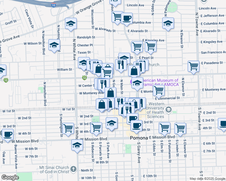 map of restaurants, bars, coffee shops, grocery stores, and more near 249 West Monterey Avenue in Pomona