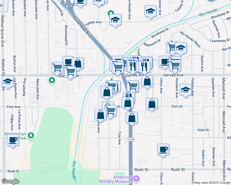map of restaurants, bars, coffee shops, grocery stores, and more near 2651 Troy Avenue in South El Monte