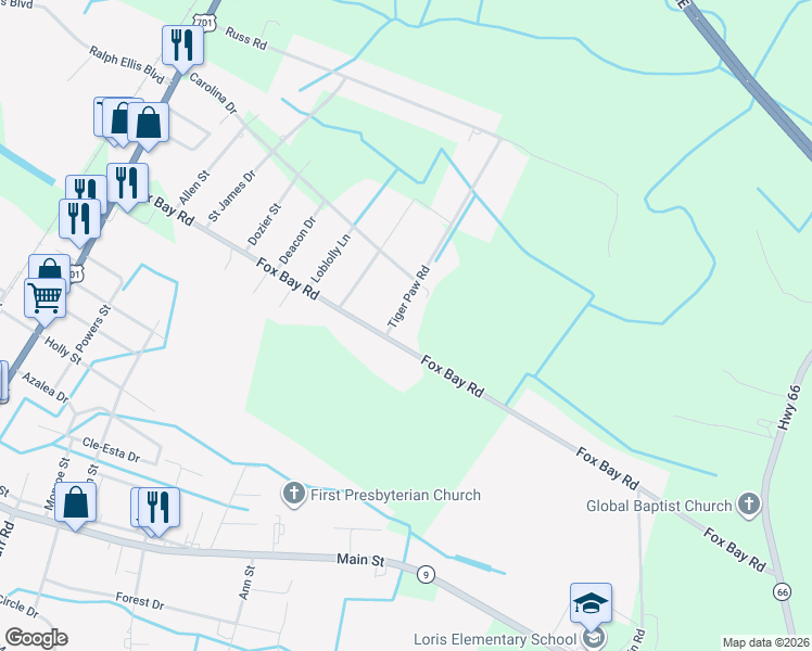 map of restaurants, bars, coffee shops, grocery stores, and more near 481 State Road S-26-570 in Loris