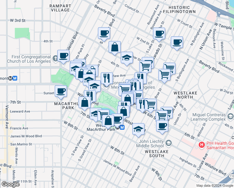 map of restaurants, bars, coffee shops, grocery stores, and more near 2211 West 6th Street in Los Angeles