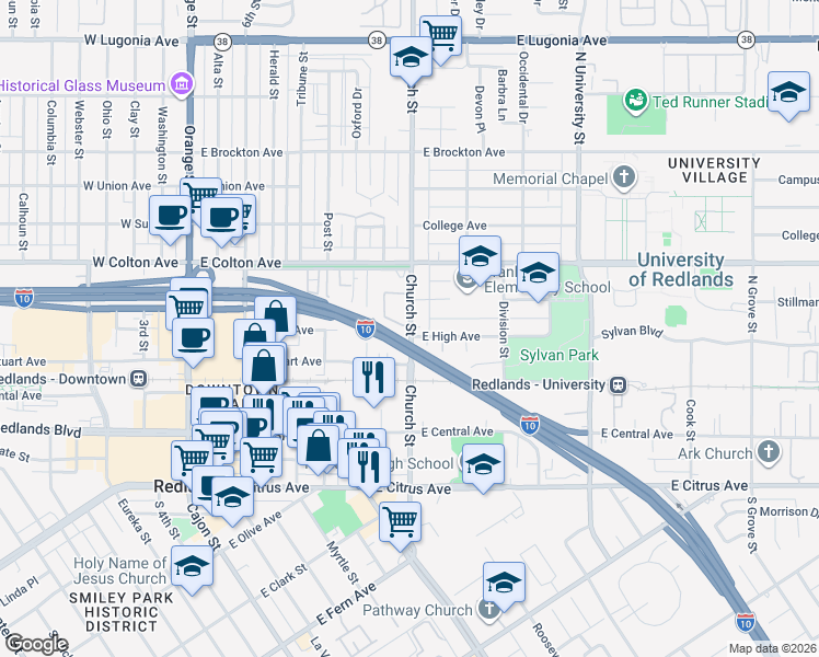 map of restaurants, bars, coffee shops, grocery stores, and more near 602 Church Street in Redlands