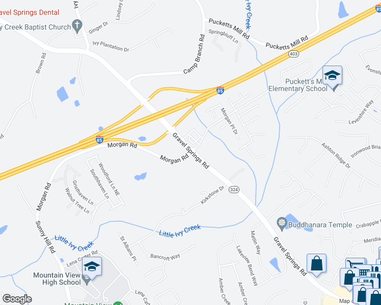 map of restaurants, bars, coffee shops, grocery stores, and more near 3100 Morgan Road in Buford