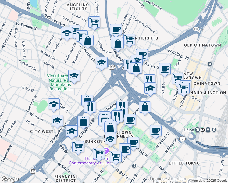 map of restaurants, bars, coffee shops, grocery stores, and more near West Temple Street in Los Angeles