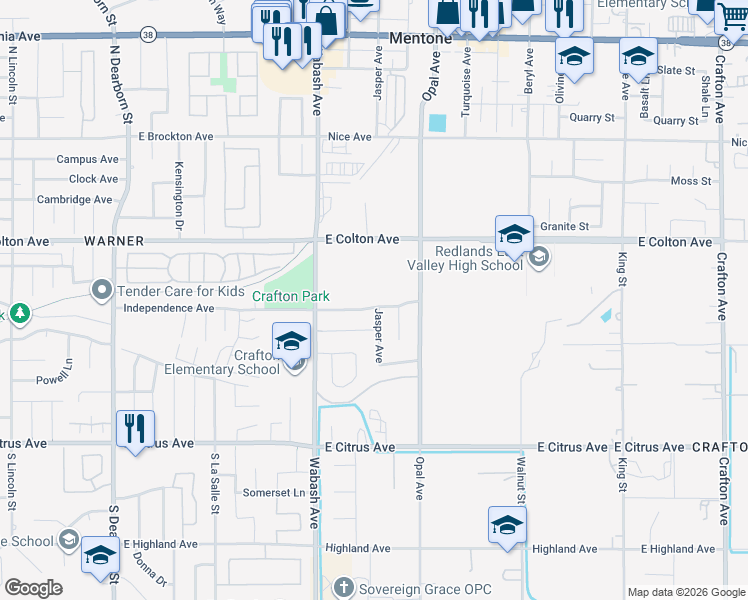 map of restaurants, bars, coffee shops, grocery stores, and more near 30628 Independence Avenue in Redlands